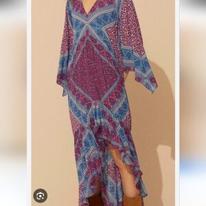 ba&sh Long Sleeve V-Neck Dress - Red and Blue